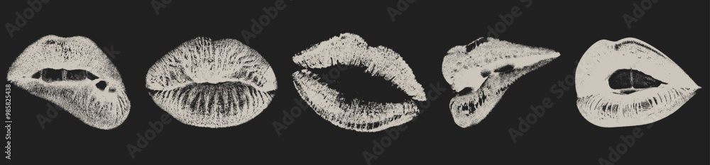 Grainy monochrome set of a sexy woman lips with a retro photocopy effect in negative color Grainy monochrome set of a sexy woman lips with a retro photocopy effect in negative color