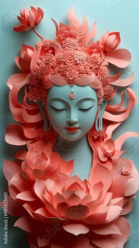 Serene Paper Cut Art of the Buddhist Goddess Tara with Flowing Lotus Petals and Robes