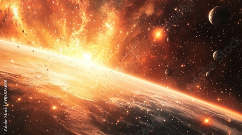 A Planet Under Fire: A Cosmic Spectacle of Celestial Bodies and Fiery Debris