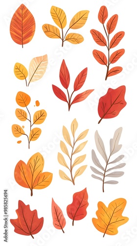 Set of autumn leaves clip art, vector illustration, white background, flat color, hand-drawn style, autumn colors