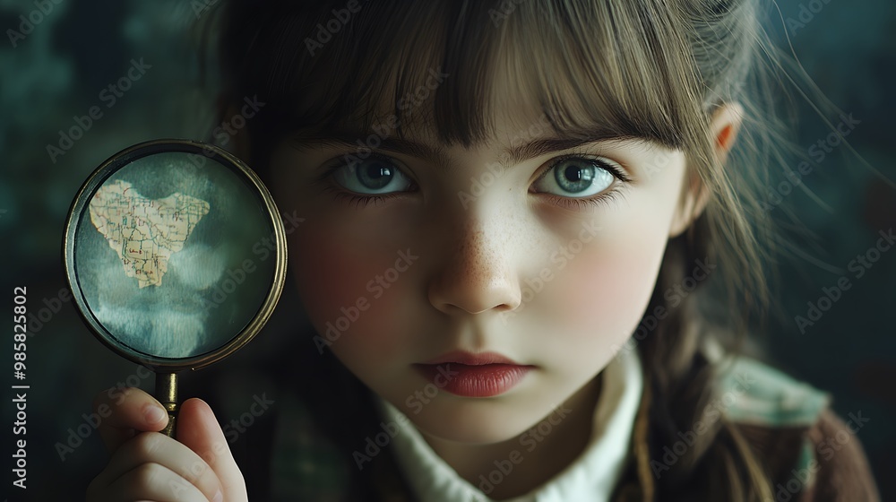 Young girl with freckles looking intensely through a magnifying glass at a map Young girl with freckles looking intensely through a magnifying glass at a map