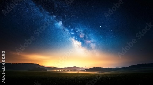 Night sky glowing with stars, distant horizon, thin clouds, calm darkness.