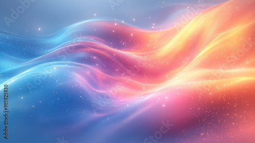 A vibrant, flowing abstract design featuring curved rainbow colored beam with soft waves in shades of blue, pink, and orange, creating dreamy atmosphere