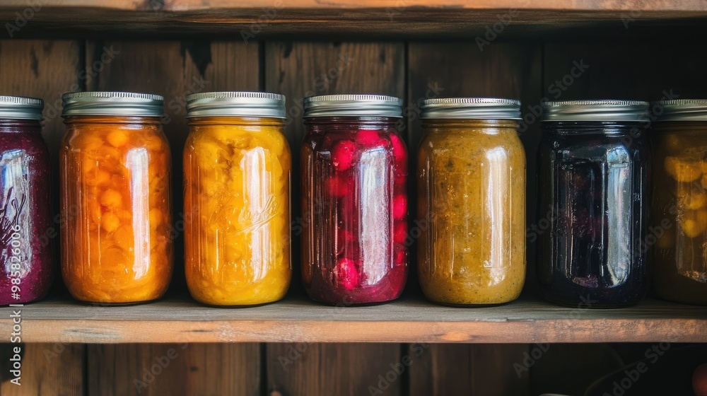 A variety of glass jars filled with homemade preserves, neatly arranged on a wooden shelf. A variety of glass jars filled with homemade preserves, neatly arranged on a wooden shelf.