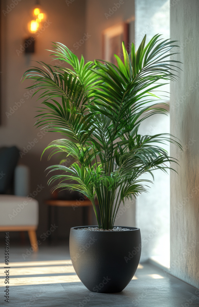 Fototapeta premium A large lush silk like dragons breath plant in modern pot adds vibrant touch to interior space, enhancing atmosphere with its greenery and elegance