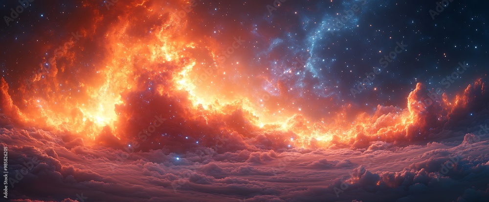 Fiery and blue clouds in a night sky with stars. Fiery and blue clouds in a night sky with stars.