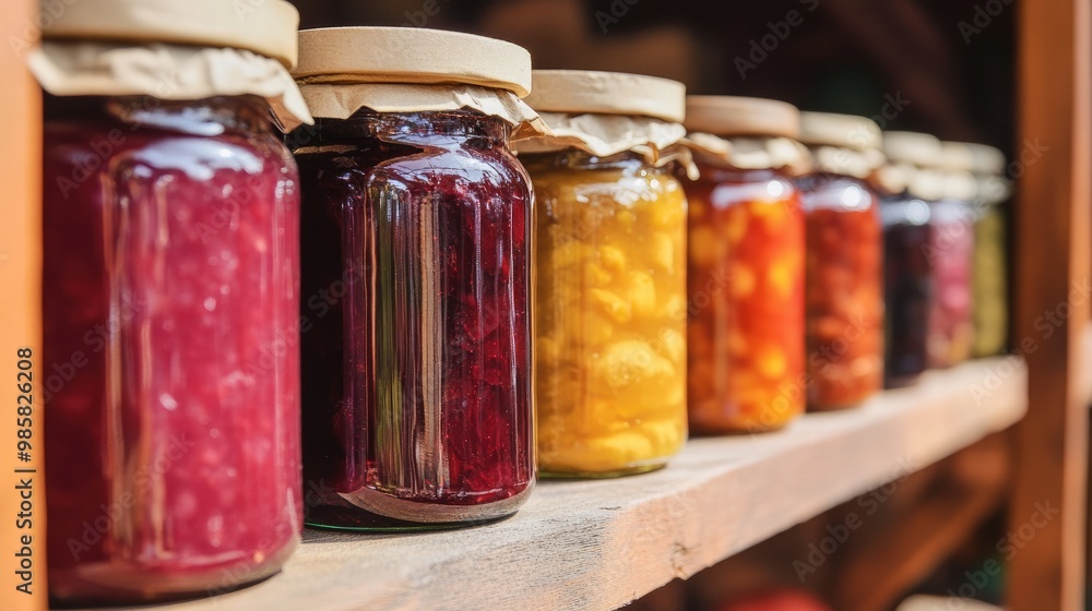 A variety of glass jars filled with homemade preserves, neatly arranged on a wooden shelf. A variety of glass jars filled with homemade preserves, neatly arranged on a wooden shelf.