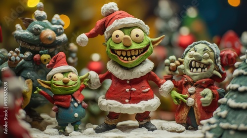 3D clay Christmas scene: A festive tableau featuring a smiling Zombie, a cheerful Goblin, and a happy Ogre, celebrating the season.