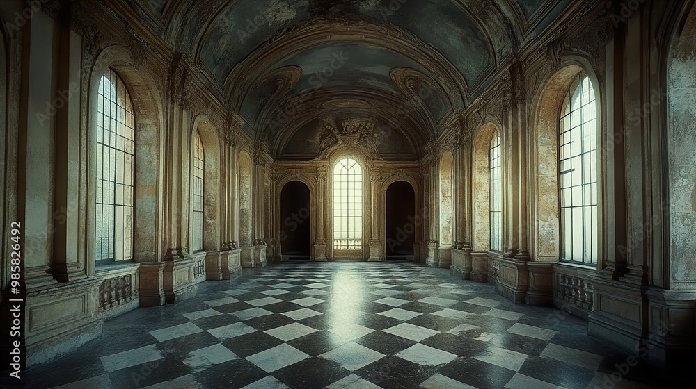 Grand Hallway with Checkerboard Floor and Ornate Details Grand Hallway with Checkerboard Floor and Ornate Details