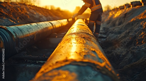 Close-up of large rusty pipes at sunset with a blurred worker in the background photo