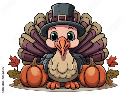 turkey with two pumpkins next to it celebrating the thanksgiving holiday
