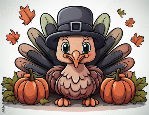 turkey with two pumpkins next to it celebrating the Thanksgiving holiday in the United States