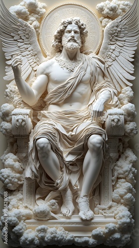 Majestic 3D Paper Cut of Roman God Jupiter with Layered Thunderbolts and Eagles on a Regal Throne Surrounded by Clouds