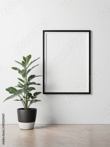 Mockup image poster frame close up and wood cabinet in cozy white interior background , frame classic, minimalistic, floral