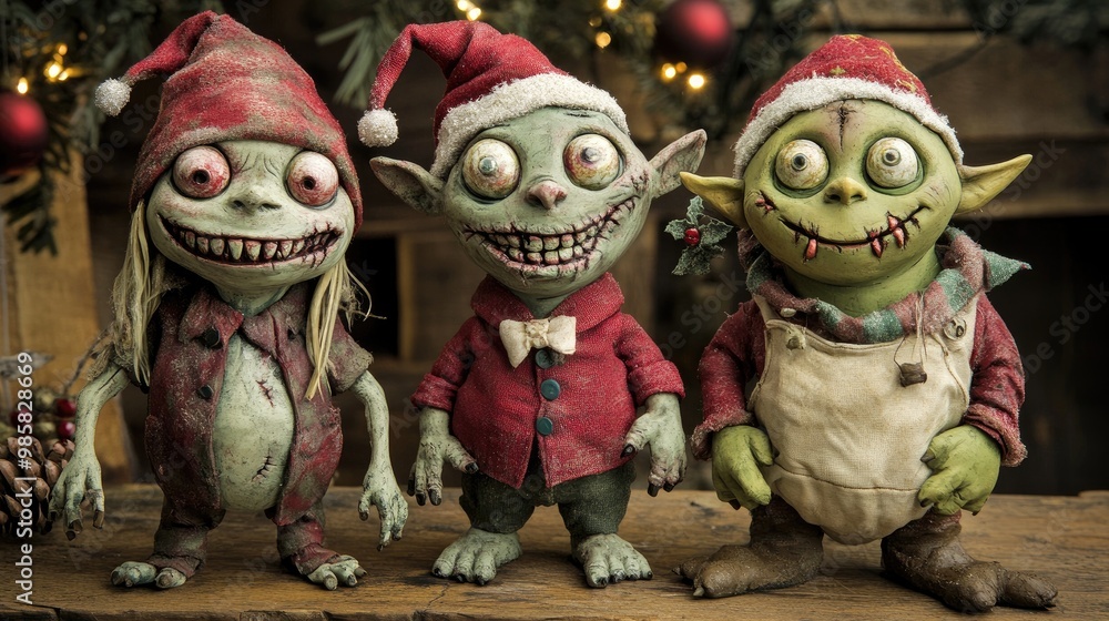 Clay Christmas characters: A playful Zombie, a mischievous Goblin, and a sweet Ogre, posing for a holiday photo shoot. Clay Christmas characters: A playful Zombie, a mischievous Goblin, and a sweet Ogre, posing for a holiday photo shoot.