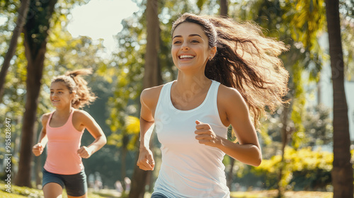 in shape young beautiful  mother and her daughter are running together under the sun in the park , doing exercise outdoor activity on weekend