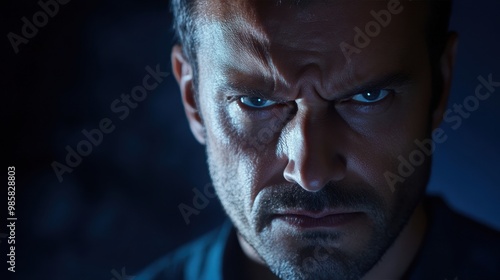 Intense Man with Furrowed Brows Staring Narrowly photo