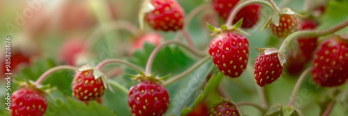 Group of wild strawberries on a field, close-up background