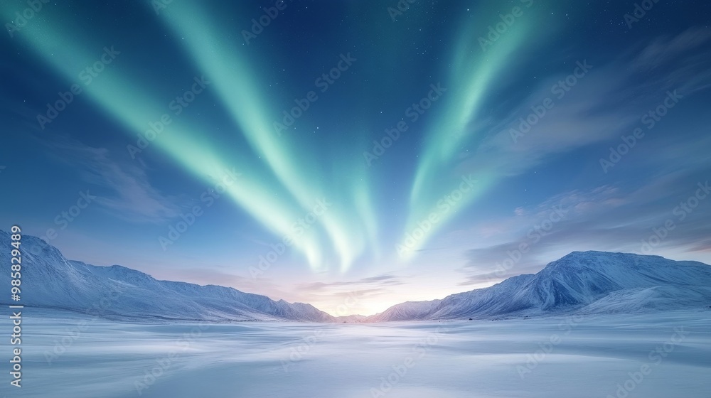 Fototapeta premium Northern lights, dancing aurora over snow-covered hills, winter magic.