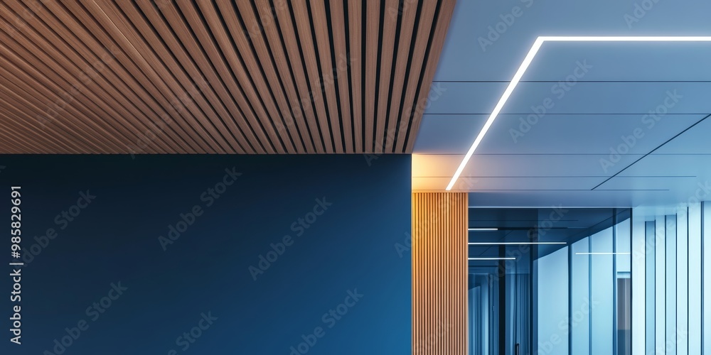 Obraz premium A stylish office space showcases wooden ceiling panels and innovative lighting, creating a professional and modern atmosphere