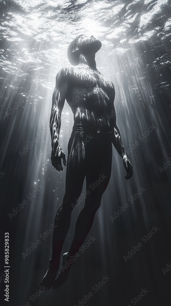 Silhouette of a Man Floating Underwater with Sunbeams Silhouette of a Man Floating Underwater with Sunbeams