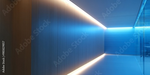 The corridor showcases sleek wooden walls and a luminous blue light strip, creating a calm atmosphere in the evening