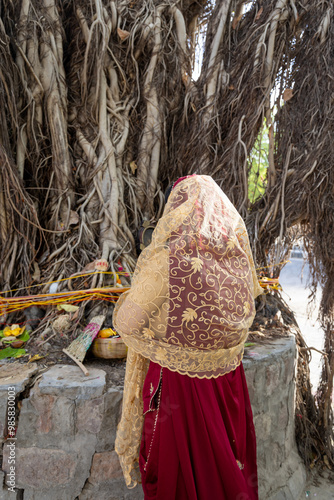 devotee worshiping the holy banyan tree with offerings at day photo