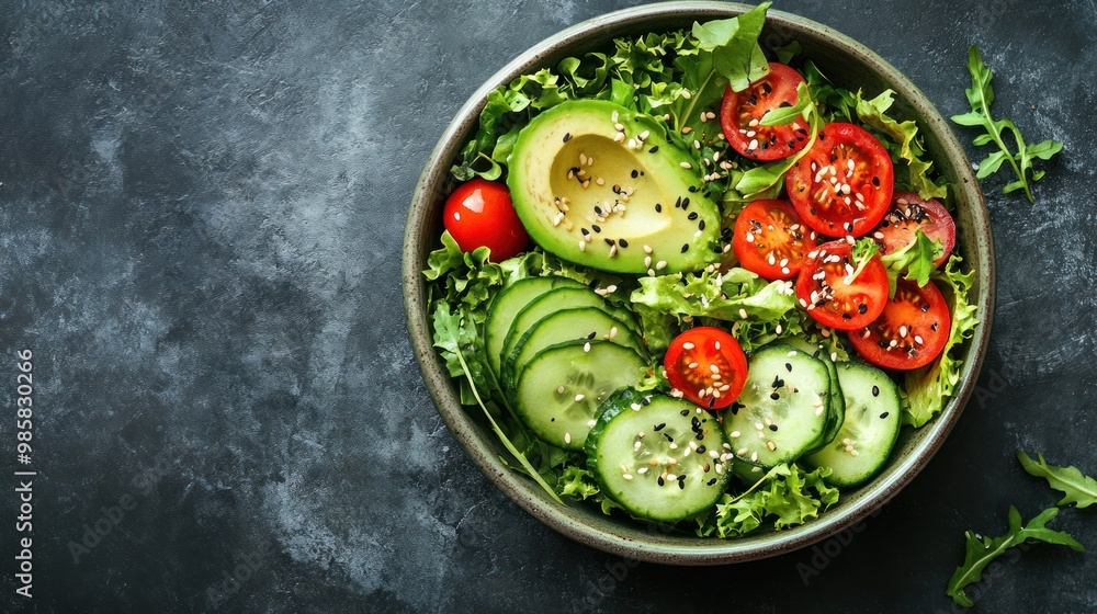A vibrant salad bowl with fresh greens, cherry tomatoes, cucumber slices, and avocado, garnished with seeds and herbs, presented on a dark textured background A vibrant salad bowl with fresh greens, cherry tomatoes, cucumber slices, and avocado, garnished with seeds and herbs, presented on a dark textured background