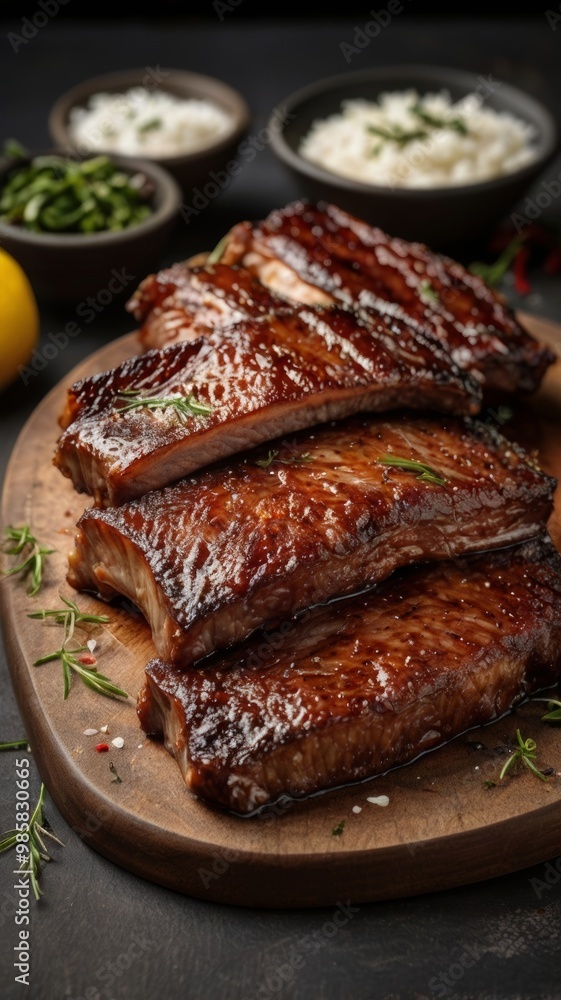 Closeup of BBQ Ribs with Rosemary, Lemon, and Rice Closeup of BBQ Ribs with Rosemary, Lemon, and Rice
