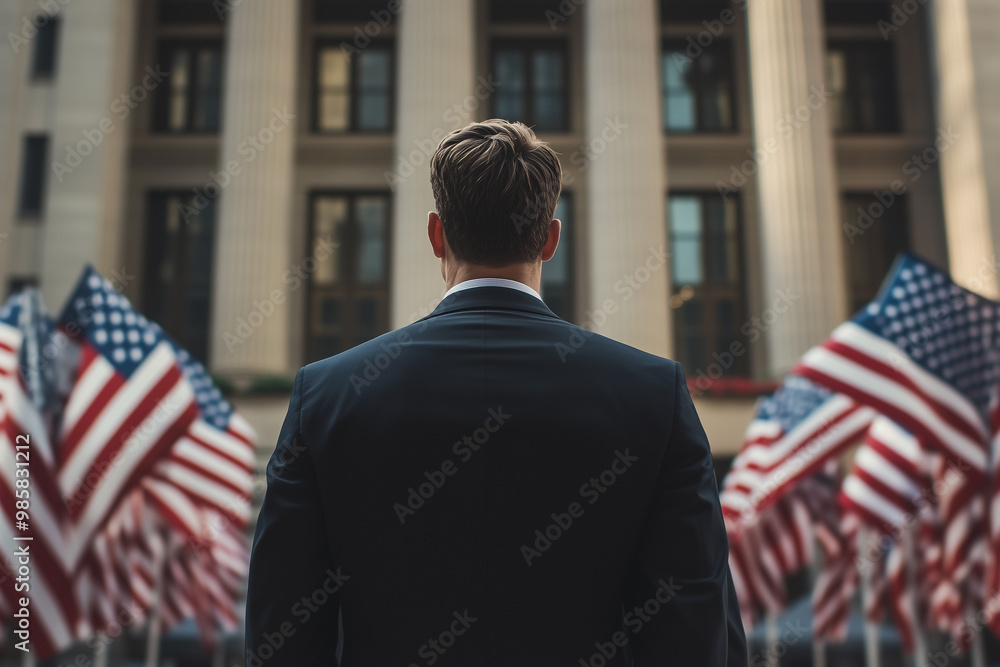 Fototapeta premium A suited individual stands in front of a series of American flags, facing a grand building, embodying themes of patriotism and authority.