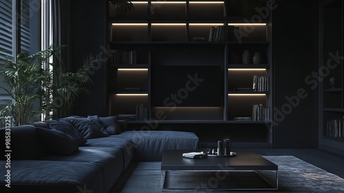 A modern industrial dark living room with matte black walls, sleek steel shelving, a polished steel coffee table