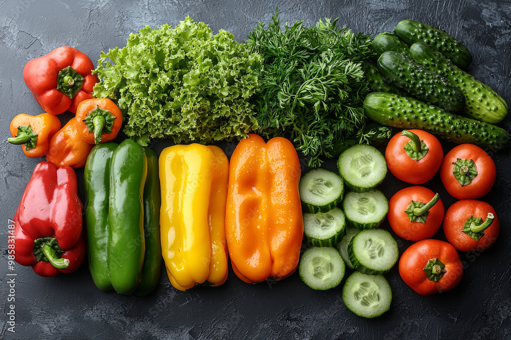 A variety of brightly colored bell peppers, carrots, and cucumbers arranged in an aesthetically pleasing way. Concept of a balanced diet. A variety of brightly colored bell peppers, carrots, and cucumbers arranged in an aesthetically pleasing way. Concept of a balanced diet.