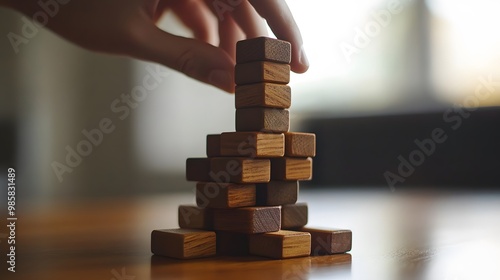 Hand Placing Wooden Block on Tower Structure photo