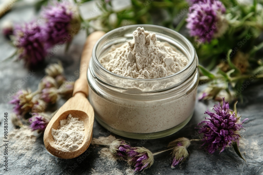 health and wellness concept milk thistle powder in a jar with a wooden scoop, promoting herbal supplement benefits health and wellness concept milk thistle powder in a jar with a wooden scoop, promoting herbal supplement benefits