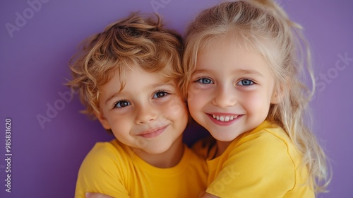 Two young children are smiling and hugging each other in yellow shirts. Scene is happy and warm, as the children are enjoying each other's company