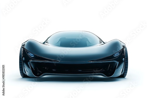 Isolated full length front image of a future automobile on a white backdrop. Generative Ai