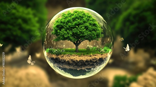 Environmental protection: A tree enclosed in a glass sphere on a green background, representing the importance of protecting the environment photo