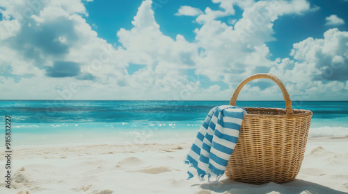 Fototapeta Naklejka Na Ścianę i Meble -  picnic basket on the beach with turquoise water  and blue sky background 