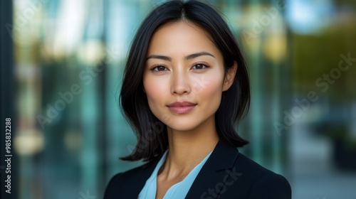 A high-resolution close-up portrait of a confident business woman in her 40s, standing in front of a sleek corporate building.  photo