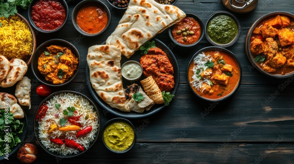 Assorted Indian dishes including curry, naan, biryani, and chutneys arranged on a dark rustic wooden background, vibrant colors and textures highlighting the variety of traditional flavors Assorted Indian dishes including curry, naan, biryani, and chutneys arranged on a dark rustic wooden background, vibrant colors and textures highlighting the variety of traditional flavors