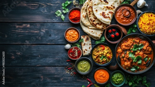 Assorted Indian dishes including curry, naan, biryani, and chutneys arranged on a dark rustic wooden background, vibrant colors and textures highlighting the variety of traditional flavors photo