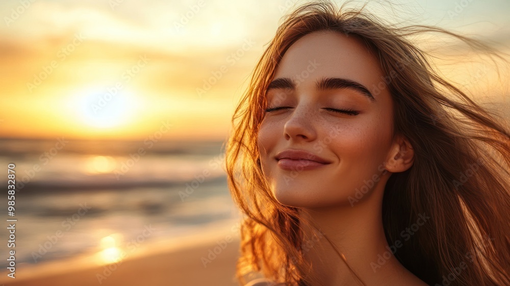 Beautiful fair-skinned woman smiling with her eyes closed, enjoying a gentle breeze, her hair flowing in the wind, standing by the beach at sunset Beautiful fair-skinned woman smiling with her eyes closed, enjoying a gentle breeze, her hair flowing in the wind, standing by the beach at sunset