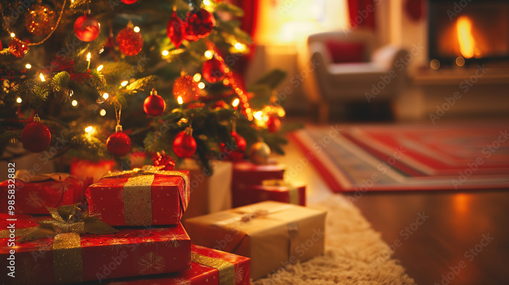 Christmas Tree with Presents and Fireplace in Background Christmas Tree with Presents and Fireplace in Background
