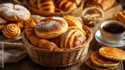 Wallpaper Mural Basket filled with assorted bread varieties including croissants, rolls, and baguettes on a wooden table next to a plate of golden brown pancakes topped  Torontodigital.ca