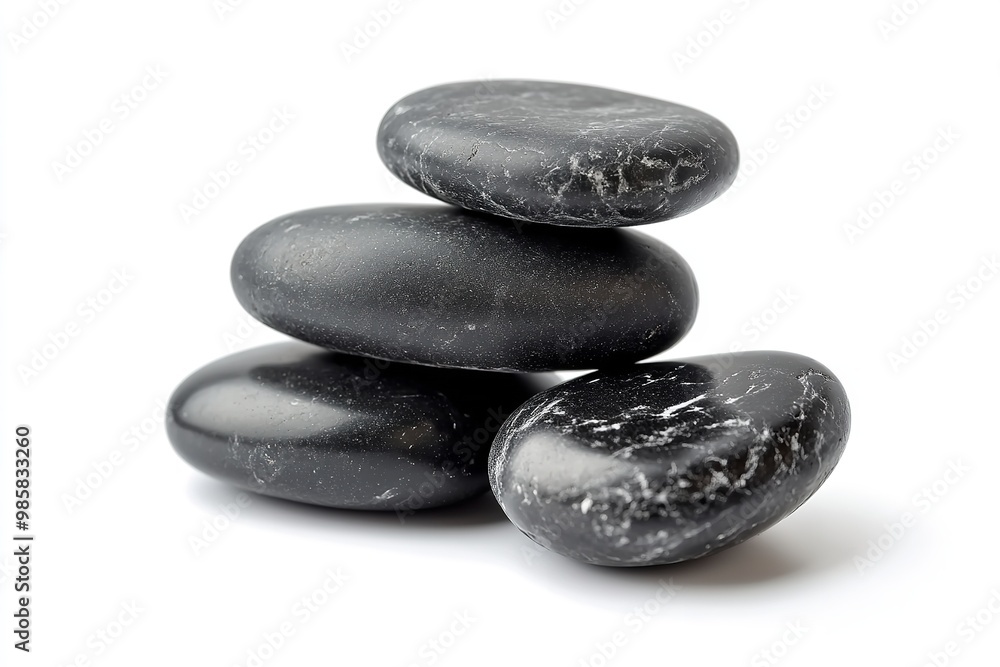 Isolated black stones in balance against a white backdrop. Generative Ai Isolated black stones in balance against a white backdrop. Generative Ai
