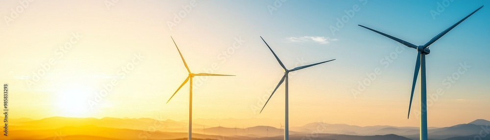 Fototapeta premium Wind turbines silhouetted against a colorful sunset.