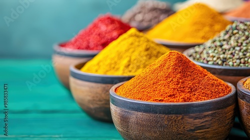Fototapeta Naklejka Na Ścianę i Meble -  A vibrant spice market stall with a variety of spices in bowls.