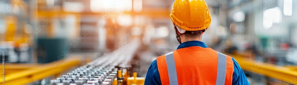 Worker in hard hat and safety vest looking away from camera. Worker in hard hat and safety vest looking away from camera.