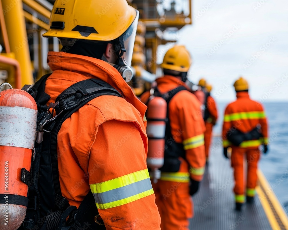 Workers in orange safety gear on an offshore platform, prepared for emergency response in a marine environment. Workers in orange safety gear on an offshore platform, prepared for emergency response in a marine environment.
