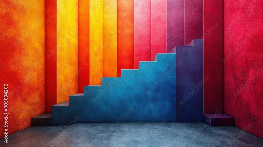 Vibrant gradient background featuring colorful walls in shades of red, orange, and blue, with staircase leading upward, creating dynamic and energetic atmosphere Vibrant gradient background featuring colorful walls in shades of red, orange, and blue, with staircase leading upward, creating dynamic and energetic atmosphere